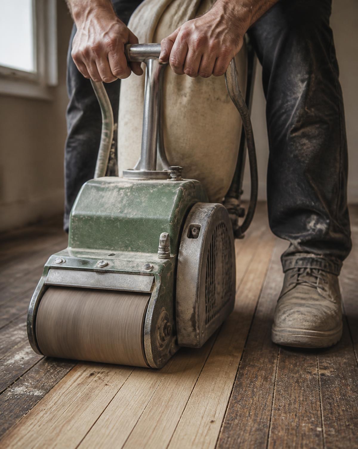 Berzenski craftsman running a drum sander across old planks